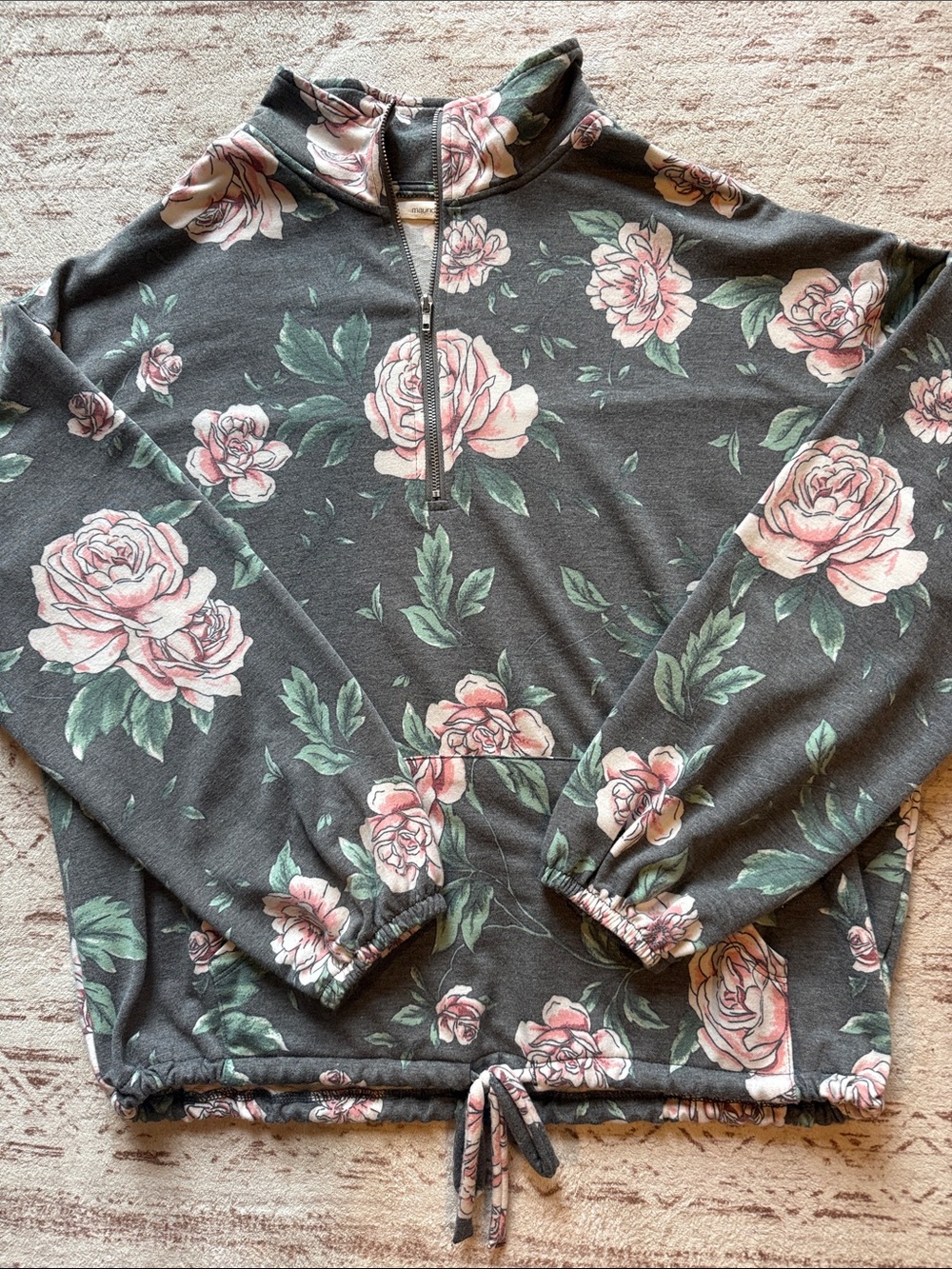 Maurices Charcoal Floral Half-Zip Pullover with Pink Roses